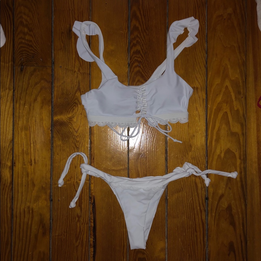 White Ruffle Lace Up Bikini Set (Top and Bottom)